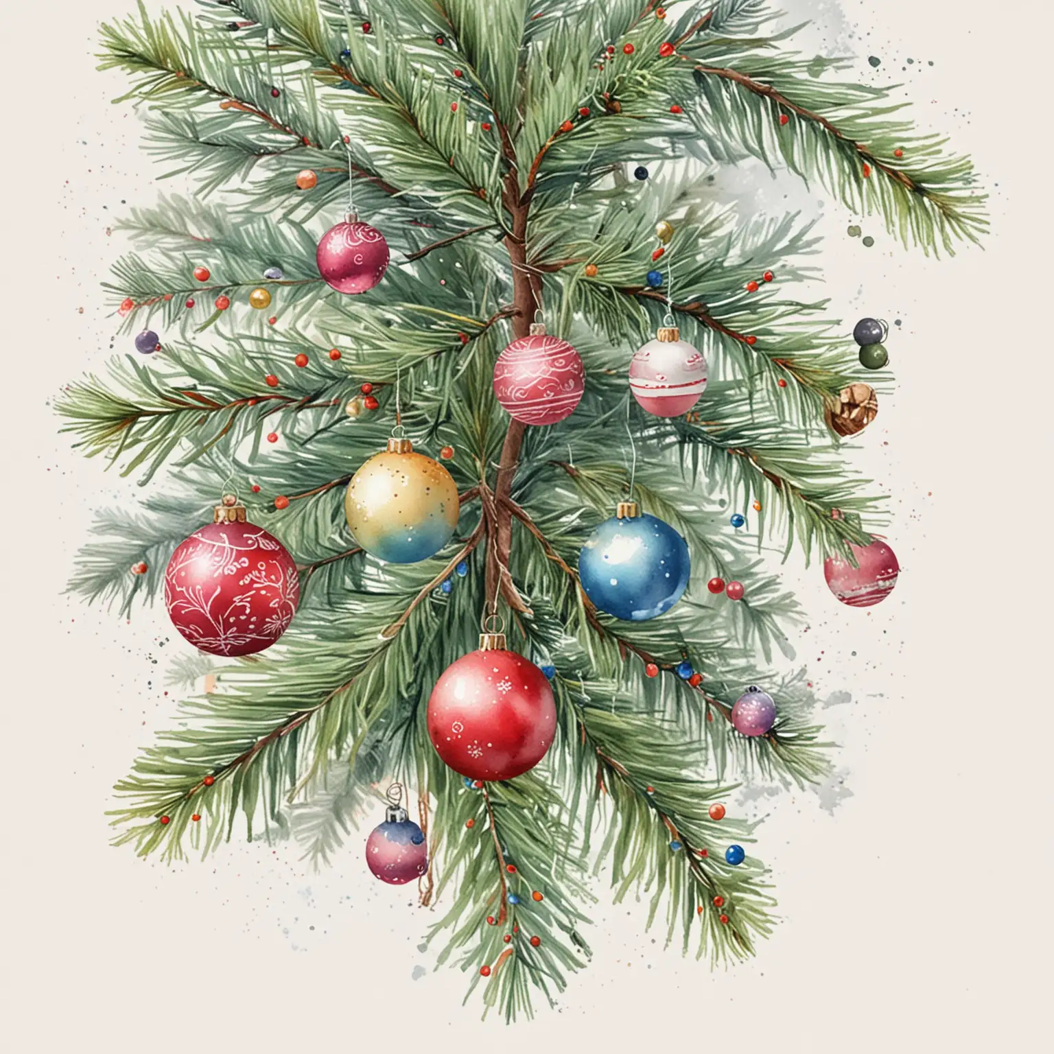 Watercolor-Christmas-Tree-Branches-with-New-Years-Ornaments-on-White-Background