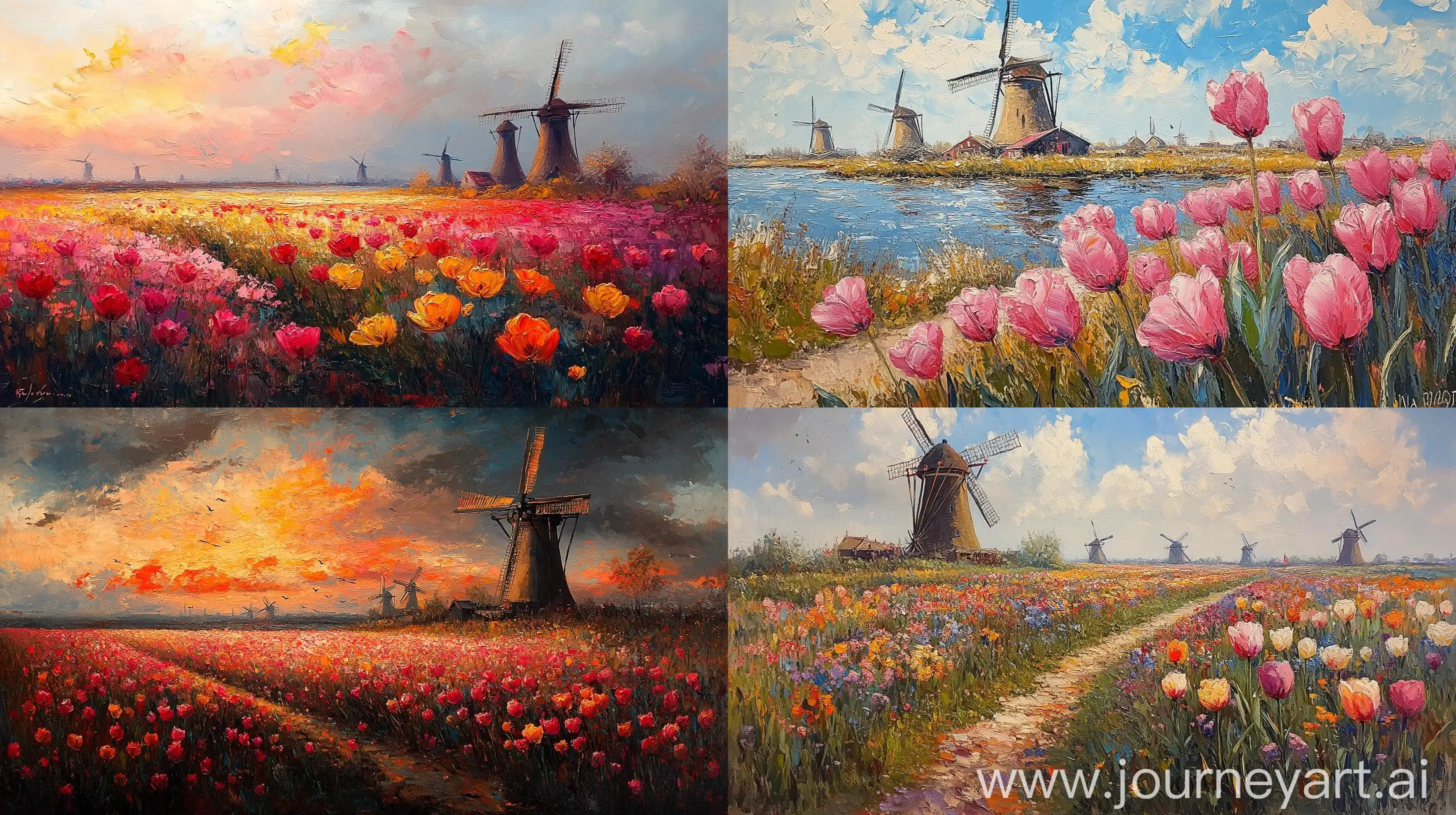 Fields-of-Multicolored-Tulips-with-Old-Windmills-in-Holland