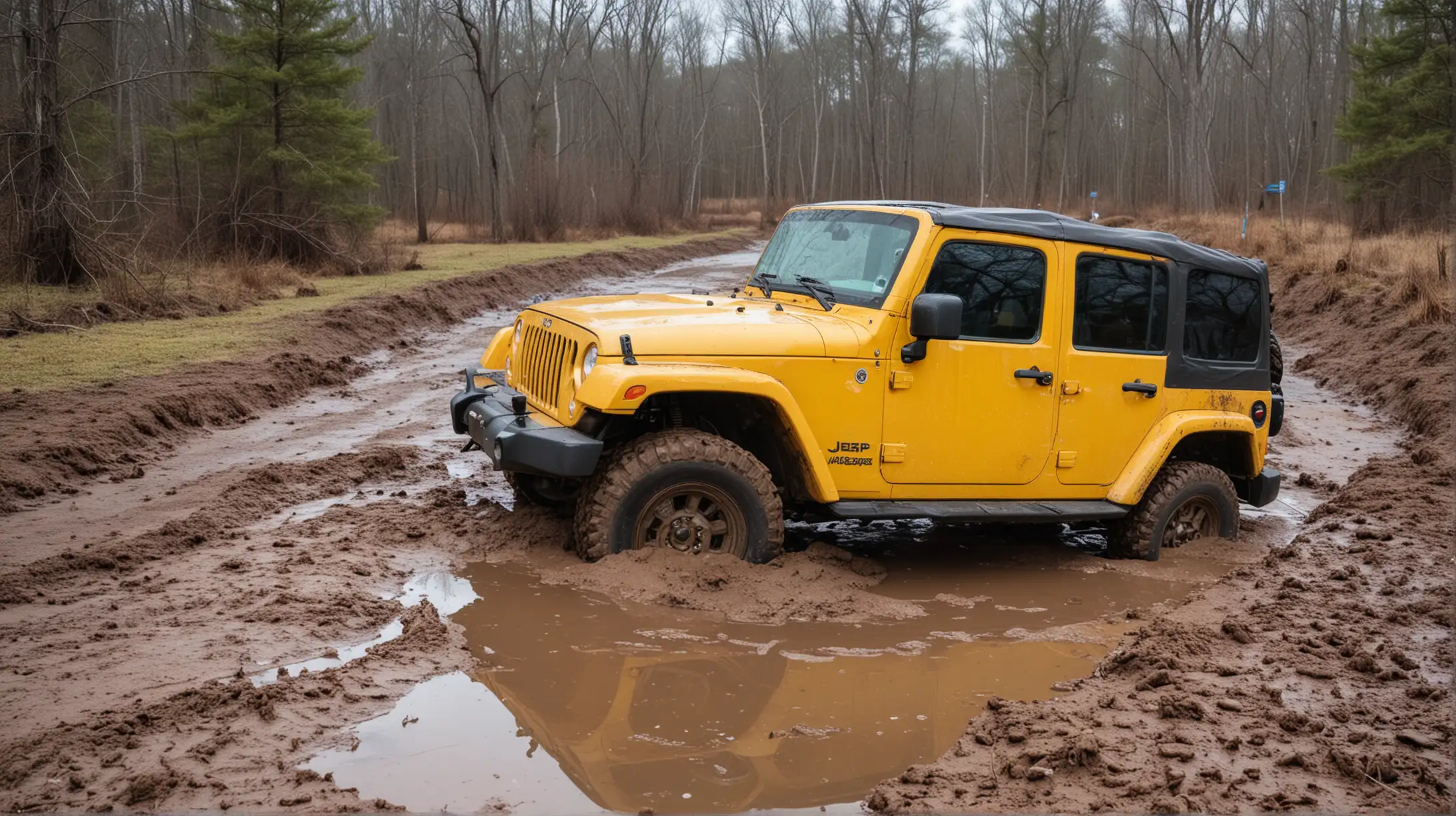 Yellow Jeep Wrangler Stuck in Deep Mud Puddle