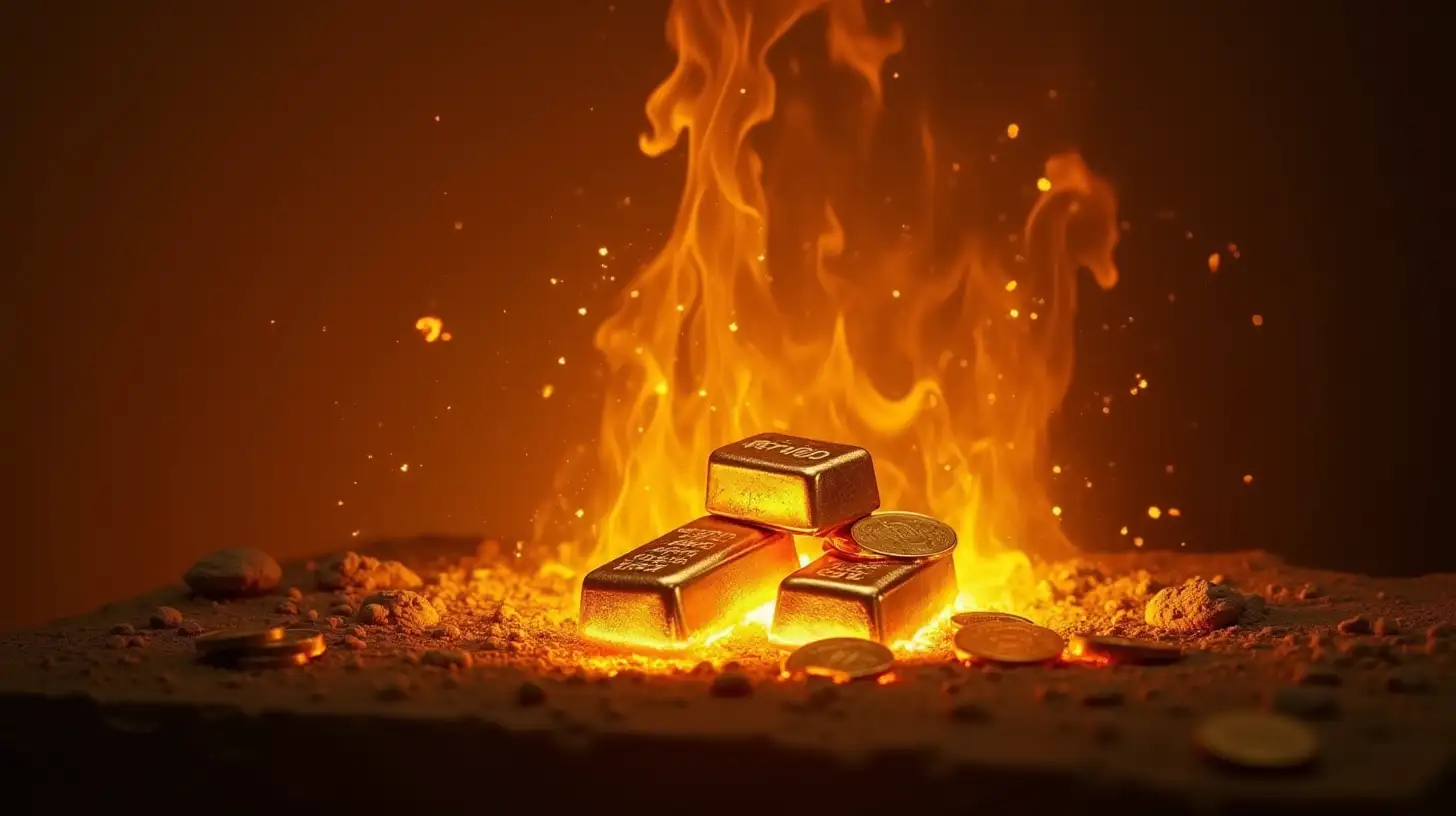 a refiner's fire with gold bars and gold coins of being tested by the fire. which symbolizes the process of testing and purification.