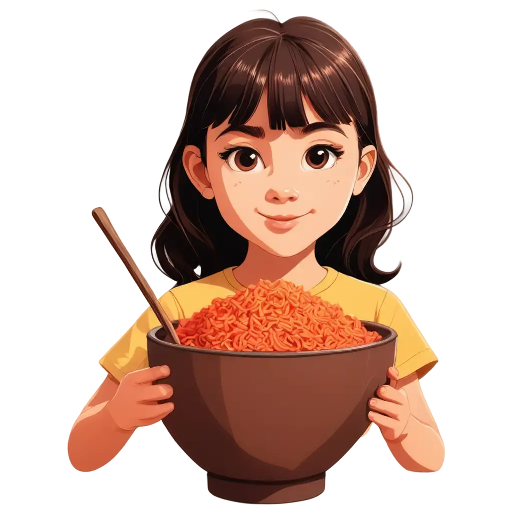 Cartoon-PNG-of-a-Cute-Little-Girl-Eating-Spicy-Rice-from-a-Bowl-HighQuality-Illustration-for-Various-Uses