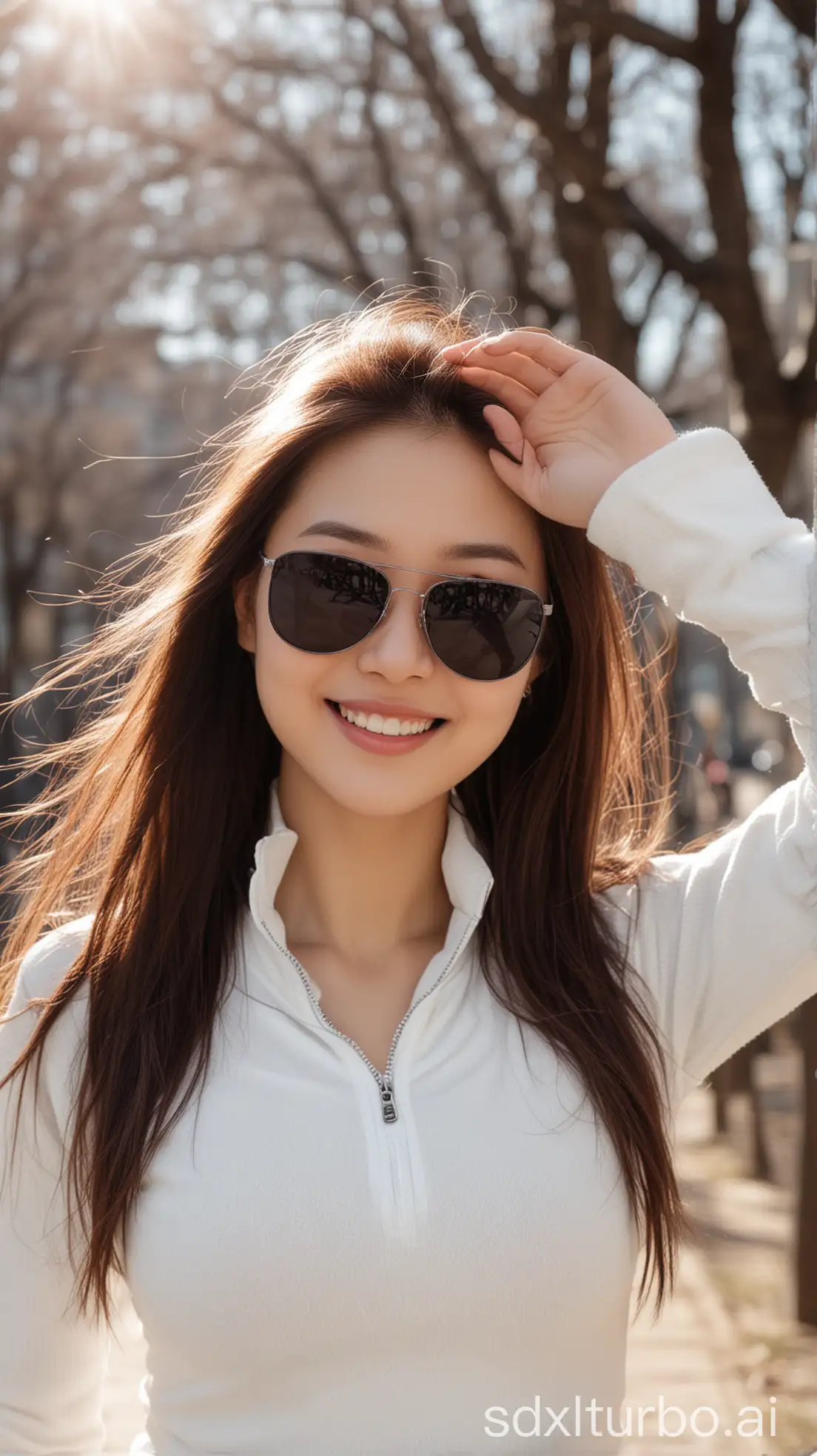 Chinese-Woman-in-Winter-Sportswear-with-Sweet-Smile-and-Sunglasses-in-Park-Street