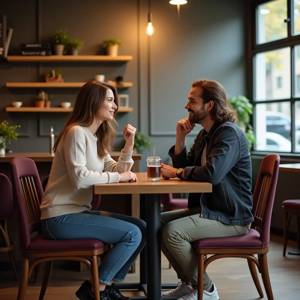 man and woman sitting in a cafe and talking