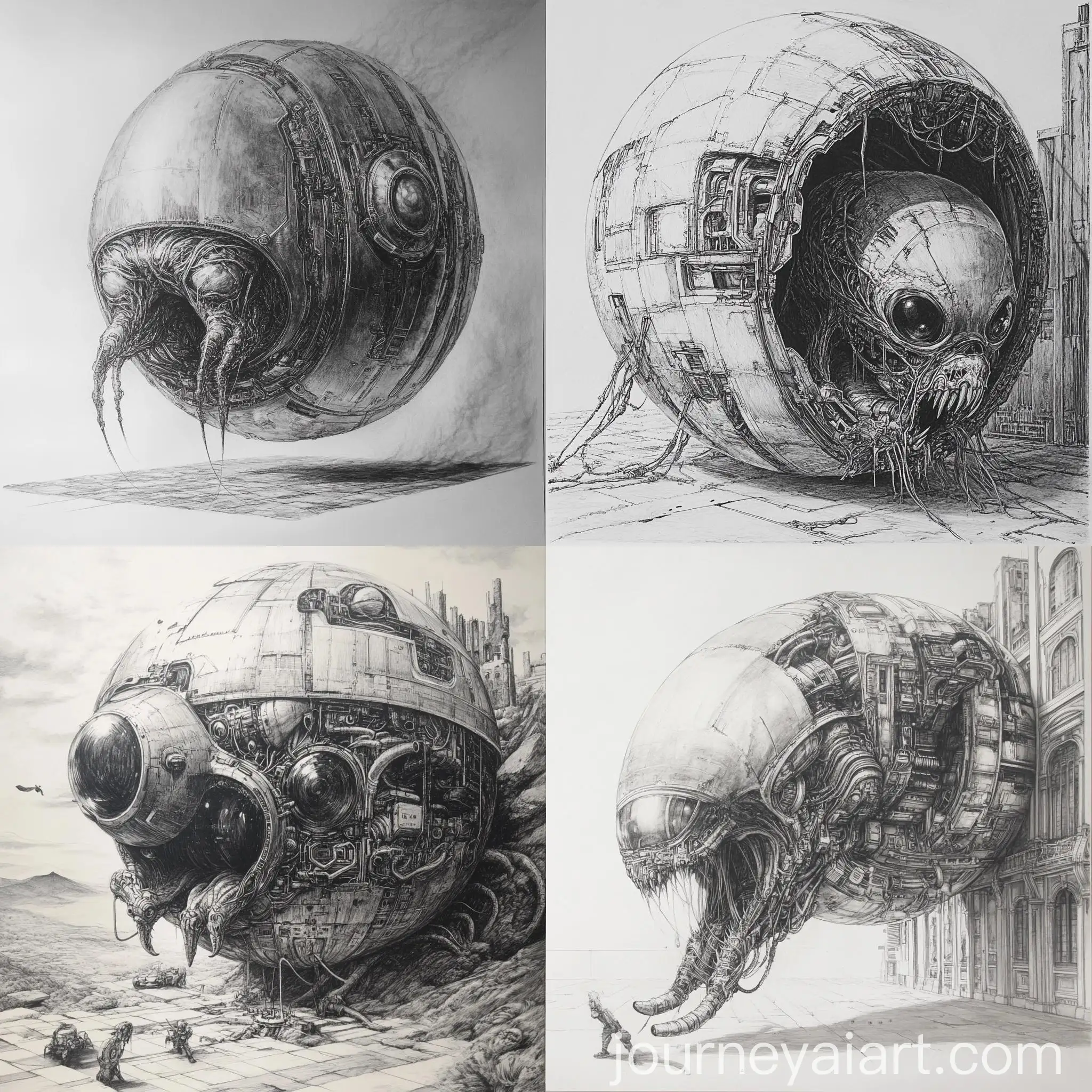 Ultra-Detailed-Pencil-Drawing-of-Futuristic-Metallic-Dome-with-Emerging-Creature