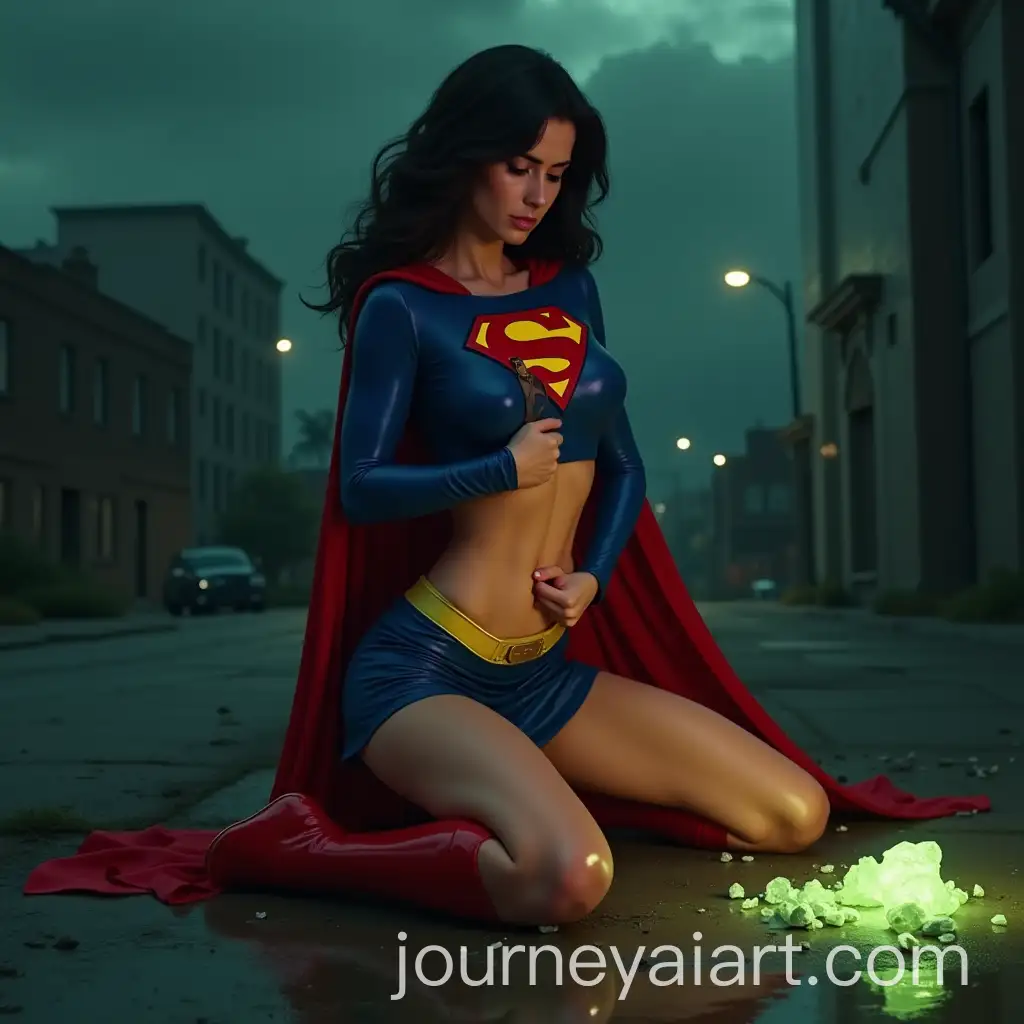 Superheroine-in-Crisis-with-Kryptonite-Glow-in-Dark-Urban-Scene