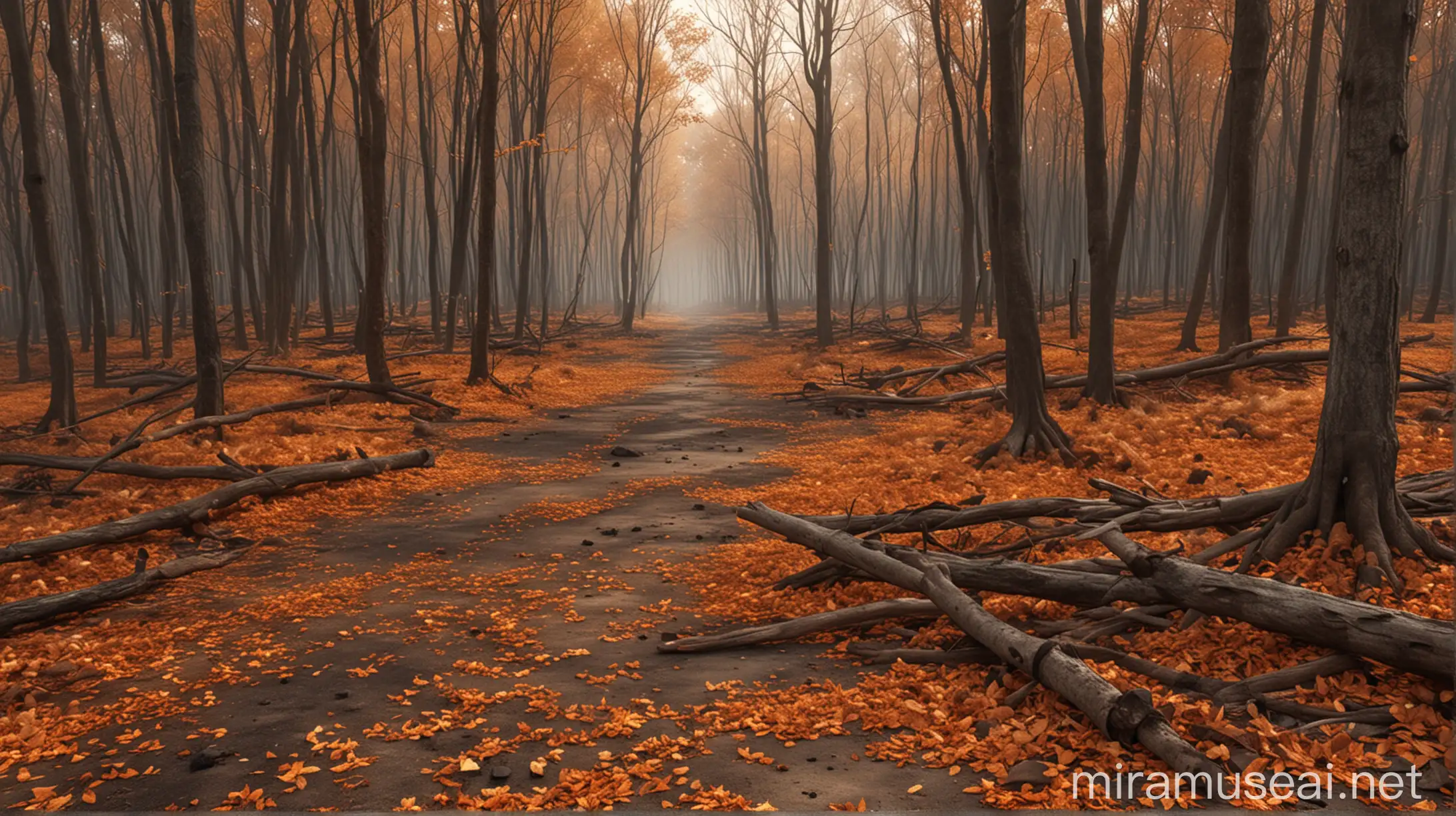 Autumn Forest Fire with Rusty Leaves on the Floor