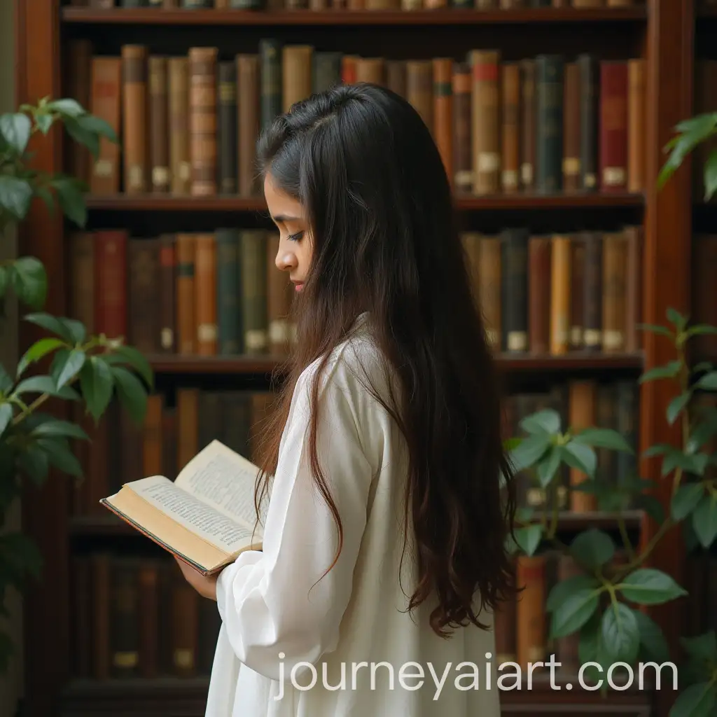 Teenage-Girl-Reading-in-an-Antique-Library-with-Books-and-Indoor-Plants