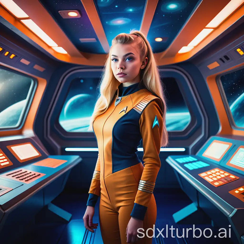 Candid image, photography, natural textures, highly realistic light, editorial, Star trek, Candid image, photography, natural textures, highly realistic light, editorial, A young Caucasian girl with long blonde hair wearing a futuristic star track uniform, standing confidently on a spaceship bridge, with starry space visible through the windows, and various colorful control panels around her, Bright, glowing colors, reminiscent of neon signs, a retro, 80s aesthetic, gold glow bright orange color, professionally color graded visual, Bright, glowing colors, reminiscent of neon signs, a retro, 80s aesthetic, cold blue color, professionally color graded visual