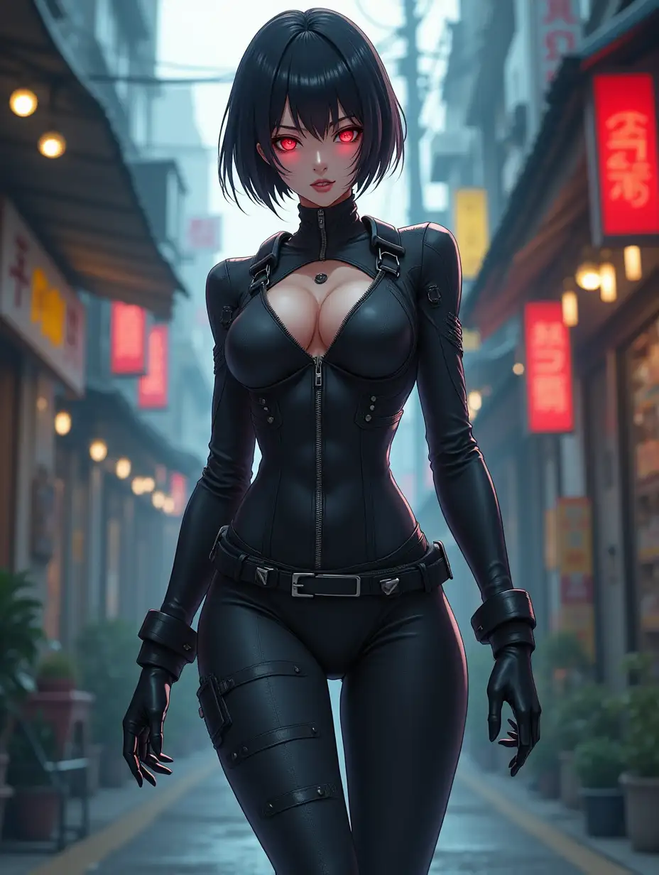 Short hair, mature Asian woman thief cyber runner in a dynamic full-length pose, eyes with red electronic pupils, large breast, extreme skintight body glove zipped down with cleavage, combat boots and combat belt. Full view of her body from boots up, low wide angle. Future store filled city alley street. Anime