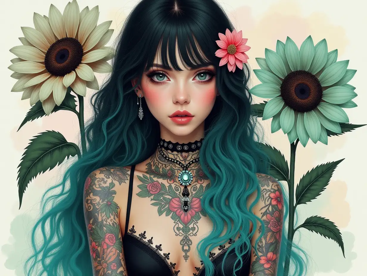 A stunning gothic-inspired woman with long, wavy teal and black hair, adorned with detailed tattoos covering her arms, chest, and hands. She has striking dark eyes, subtle piercings, and a soft yet mysterious expression. A pink flower is tucked behind her ear. She is surrounded by large, beautifully detailed sunflowers in mint green and soft pink hues, with dark centers. The background features an artistic watercolor splash effect in pastel tones, blending seamlessly into the scene. The overall style is highly detailed, semi-realistic with a dreamy, artistic touch. Oil art