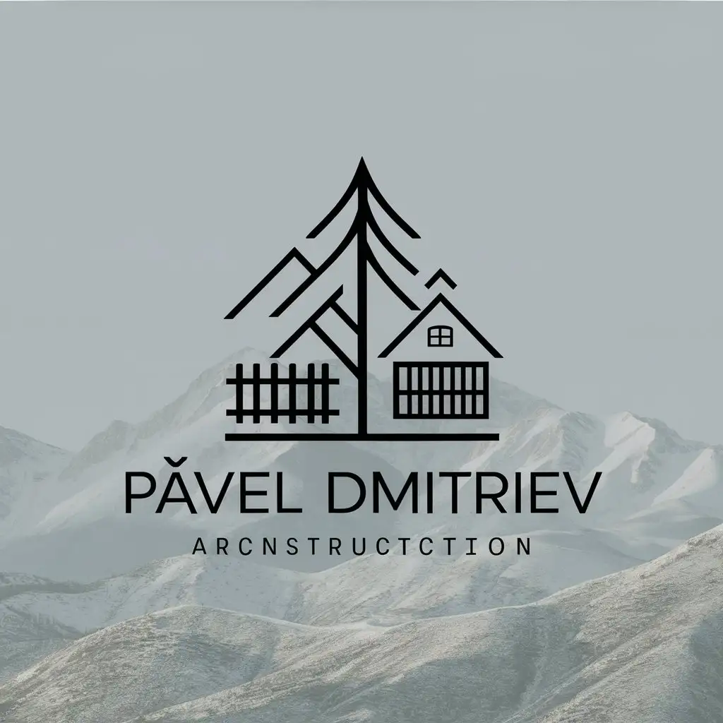 a logo design,with the text "Pavel Dmitriev", main symbol:Pine tree, fence, wooden house, architecture, mountains gleam chic wealth,Moderate,be used in Construction industry,clear background