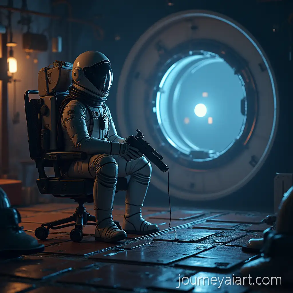 Futuristic-Cyberpunk-Computer-on-Spaceship-with-Blue-Neon-Lights-and-Starry-Window-View