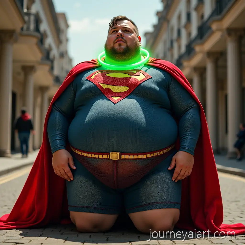 Fat-Man-in-Superman-CostumeAI-Image-Prompt-Expansion-with-Green-Glowing-Dog-Collar-Kneeling-in-Sunlight