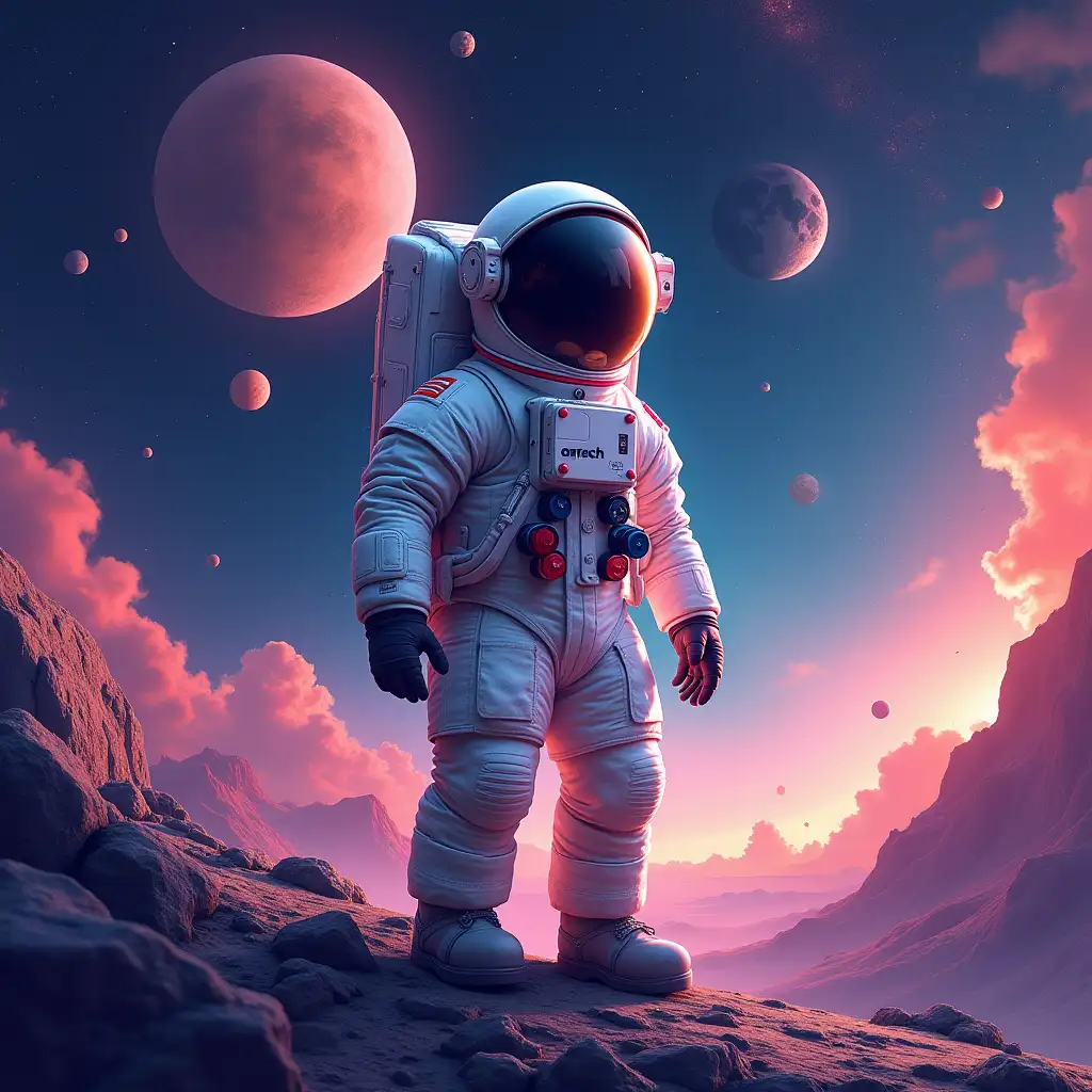 Abstract. Create a digital image of an astronaut standing on a rocky surface with a vibrant and colorful background featuring planets and stars.