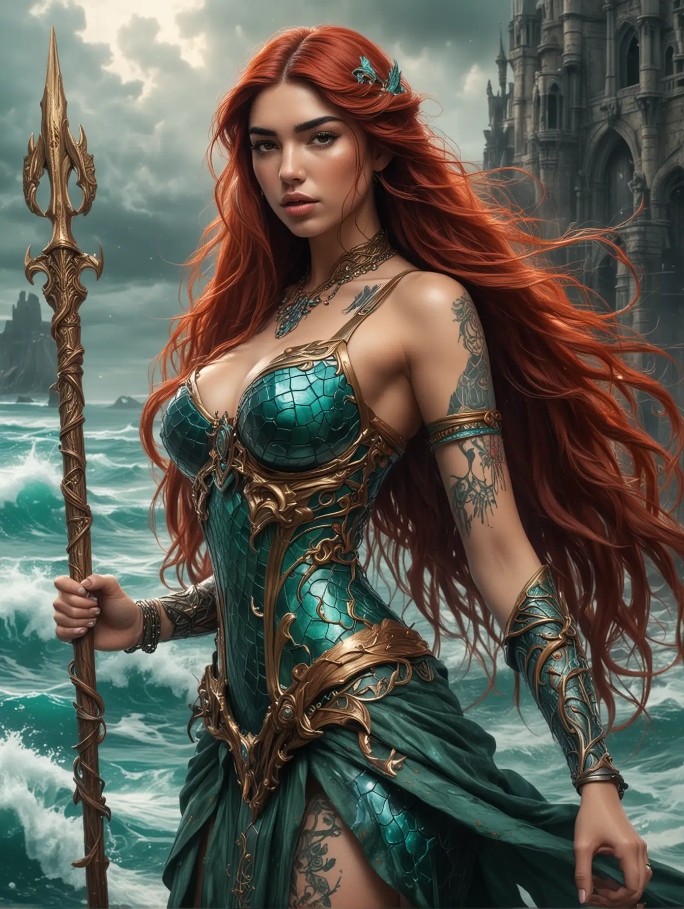 Medium close up view captured, anime surealism style, a Highly detailed colored pencil sketch drawing of a beautiful dua lipa with awesome cleavage as a mermaid warrior princess, wild flowing long red hair, she is an atlantis warrior, with multicolors tattoos at her arms and hands, black and green suit colors, holding a trident staff, ready for action pose, in an extremely sea storm at mythical mysteroius atlantis castle background, medieval fantasy theme, intricate details, sharp focus, matte colorful organic shape, masterpiece art, high resolution, perfect anatomy