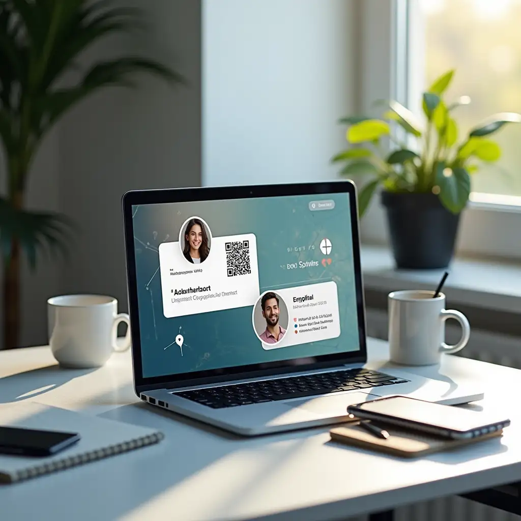 A sleek and modern digital workspace featuring a laptop and a smartphone displaying a stylish virtual business card interface. The business card on the screen has elegant design elements like QR codes, professional headshots, and dynamic contact information. The background includes a minimalist desk setup with a coffee cup, notebook, and a plant for an inspiring, professional vibe. Bright and inviting lighting highlights the tech-savvy and innovative nature of the platform, symbolizing connection, professionalism, and simplicity