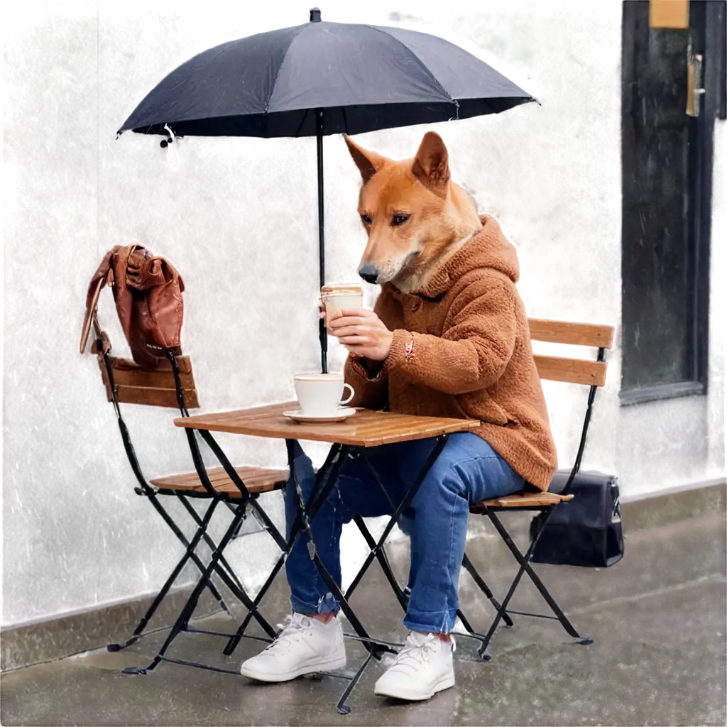 A dog drinking coffee at a cafe on a rainy day