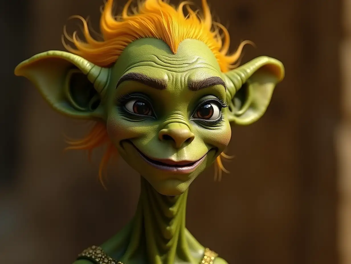 Young black and white patterned Shrek with alien face, long neck, sharp chin with golden hair, with a slight smile on his face highlighting her smile, modern, in a temple of much gold in various shades 4k nAlien-Face, with yellow hair, with a slight anger on the face, highlighting his anger, jewelry, in a temple of much Goldndifferent-Tones 4k