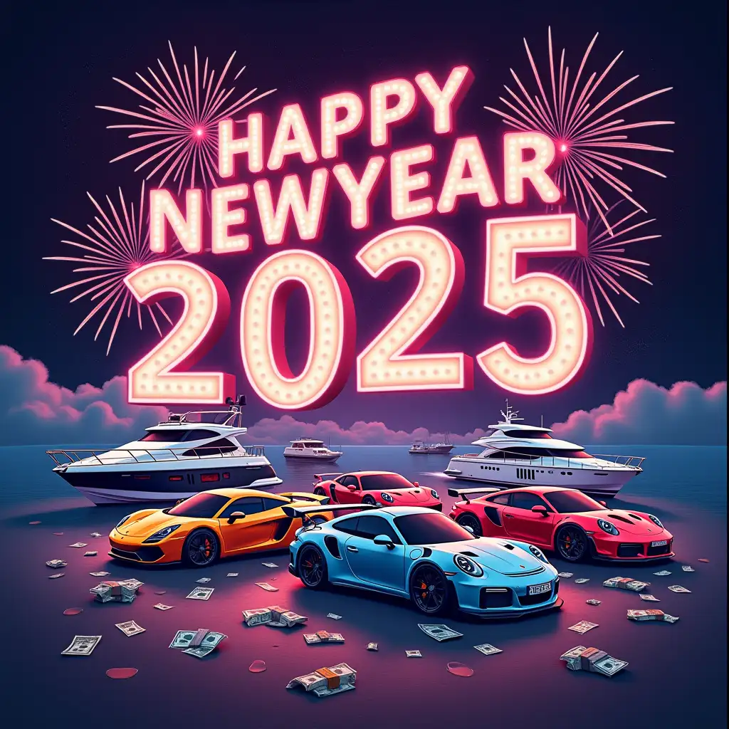 a bright cover with the inscription ‘HAPPY NEWYEAR 2025 SUMAN’ Various racing cars, yachts, Mercedes, villas, Maldives, sun, clouds, money, euros, dollars, fireworks, The background should be in money with a dark purple shade with notes of pink drops