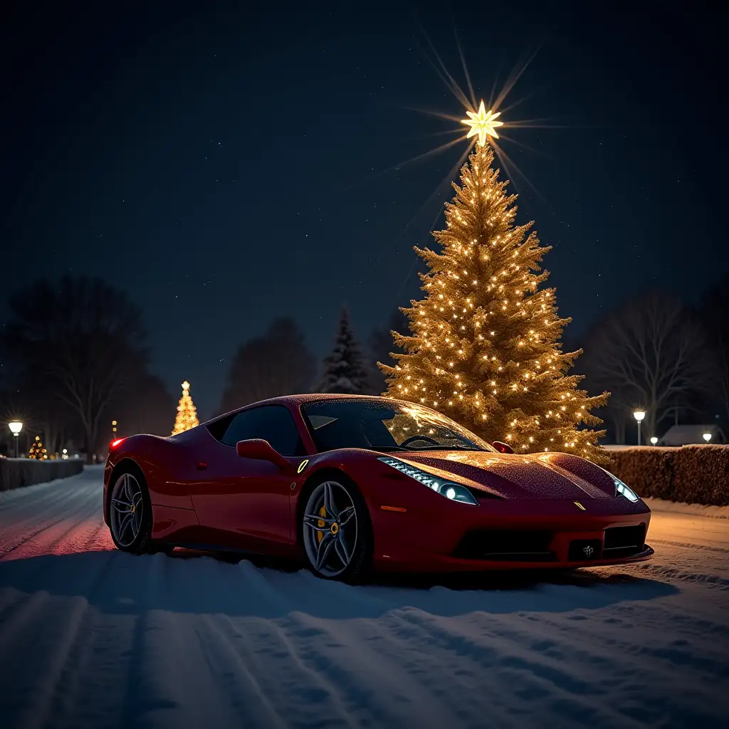 A red farrari in the dark night with Christmas tree