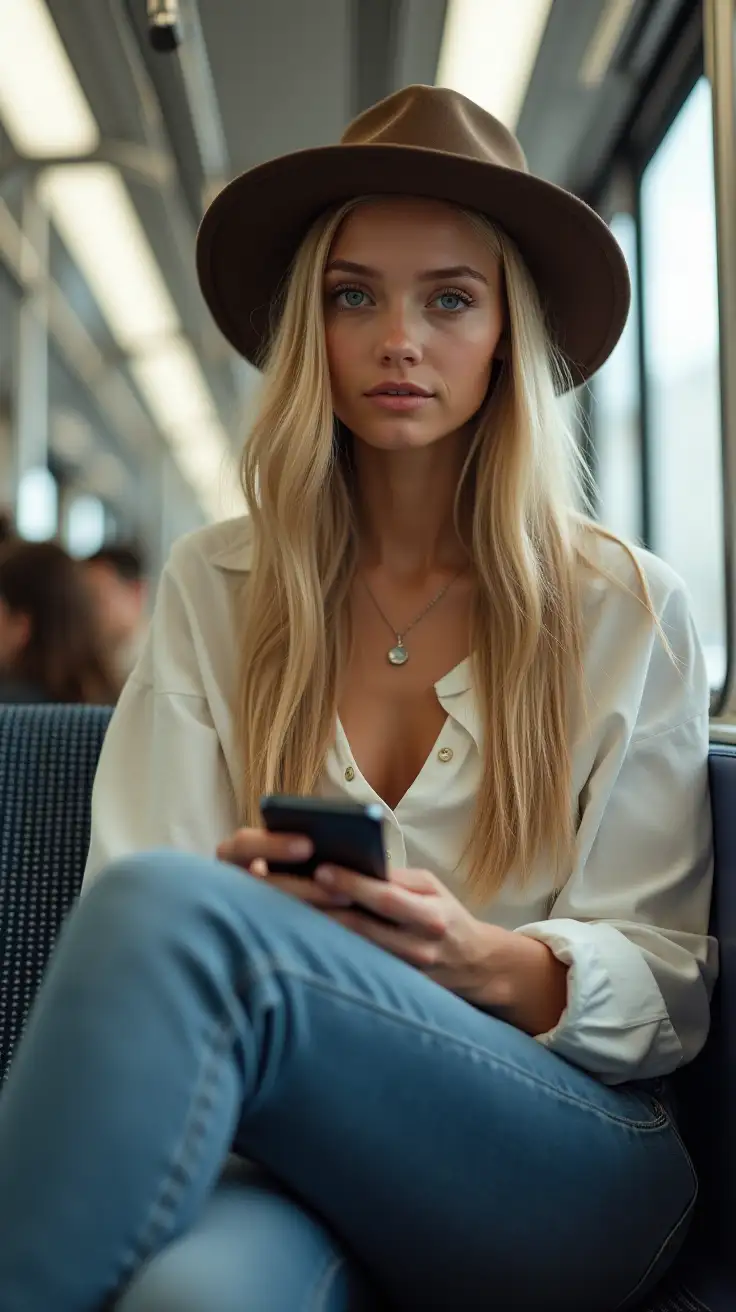 hyperrealistic portrait of a young tanned Croatian woman, with long straight blonde hair with hat, blue eyes, tanned skin, wearing long jeans and white shirt and necklace, sitting in a new York Metro, looking into her phone, hyperrealistic(full body)