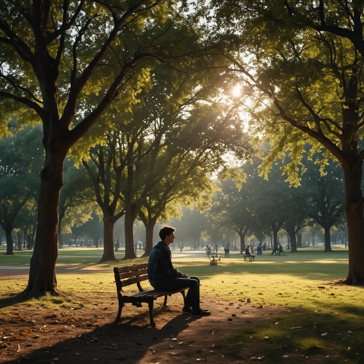 Solitary-Youth-in-Twilight-Park-Amidst-Joyful-Friends