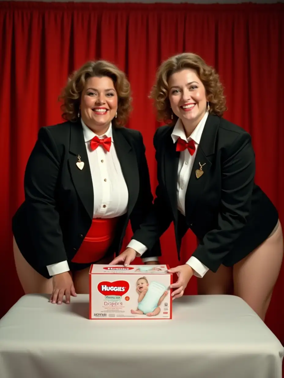 Plump-Caucasian-Female-in-Tuxedo-Holding-Diaper-on-Stage-with-Red-Curtain-Backdrop