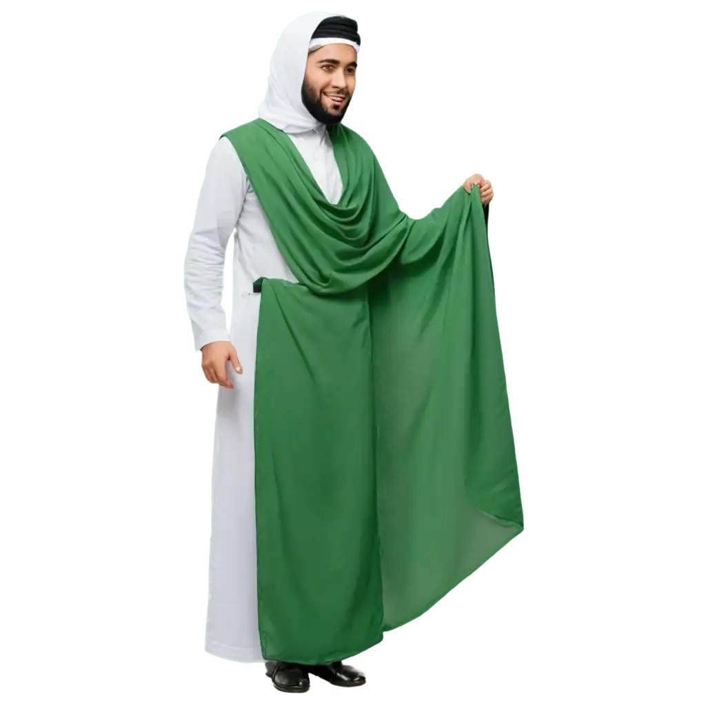 Create an image of a santri standing while wearing a white sheer jubah and green sarong that resembles the tauhid flag during the Prophet's time, with a gentle smile, make the face more realistic, around 20 years old, with a tall stature, the jubah he is wearing has the style of young people nowadays, with long sleeves.