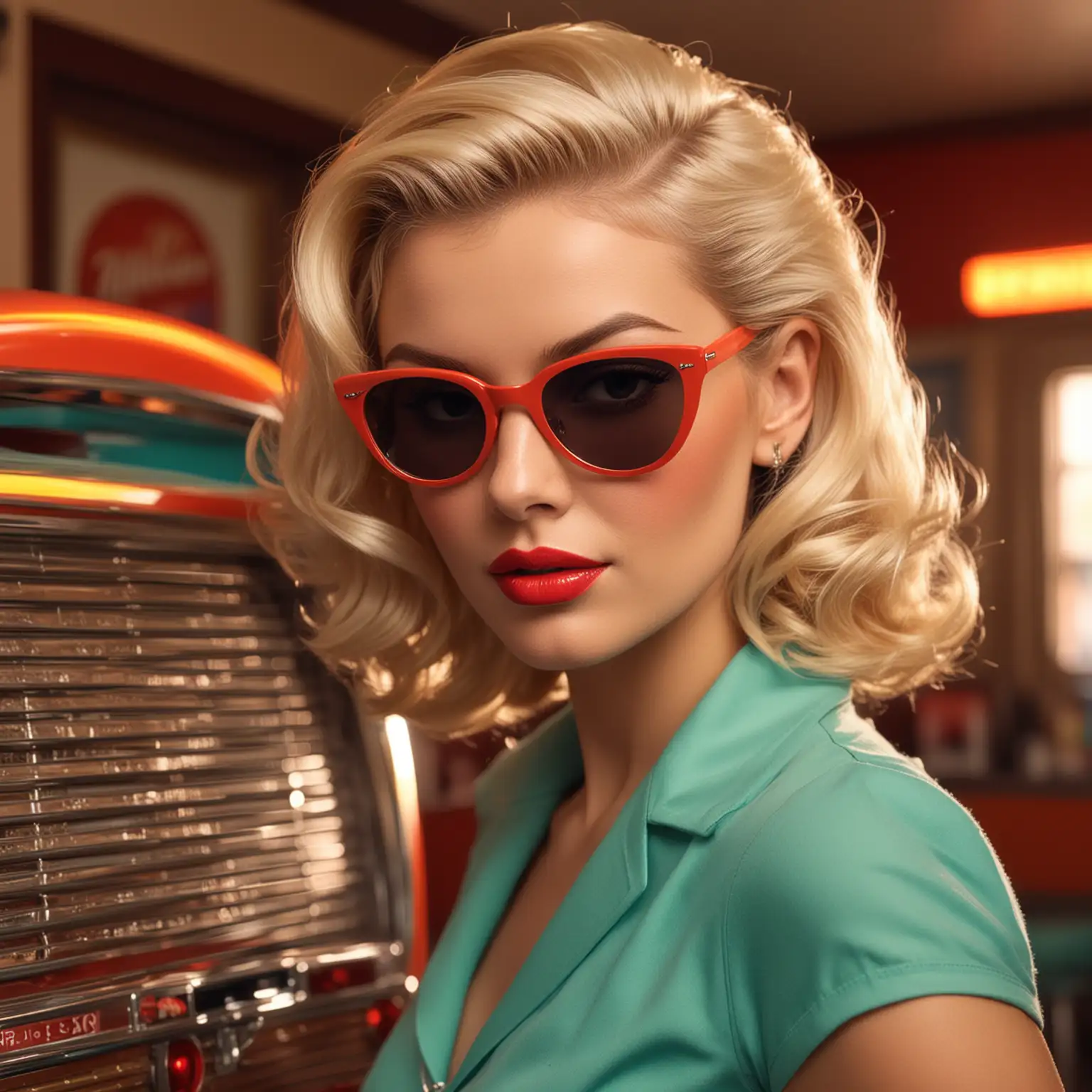 1950s Style Blonde Supermodel at Colorful Diner with Jukebox