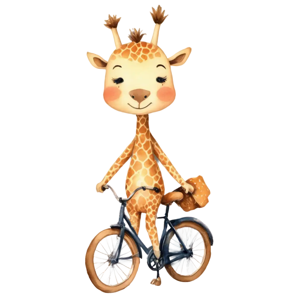 watercolor style, cute, cheerful, one lovely giraffe on a bicycle at night