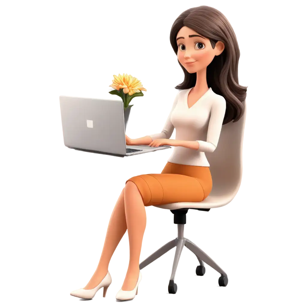 Cartoon-Woman-Learning-Computer-with-a-Flower-HighQuality-PNG-Image-for-Digital-Projects