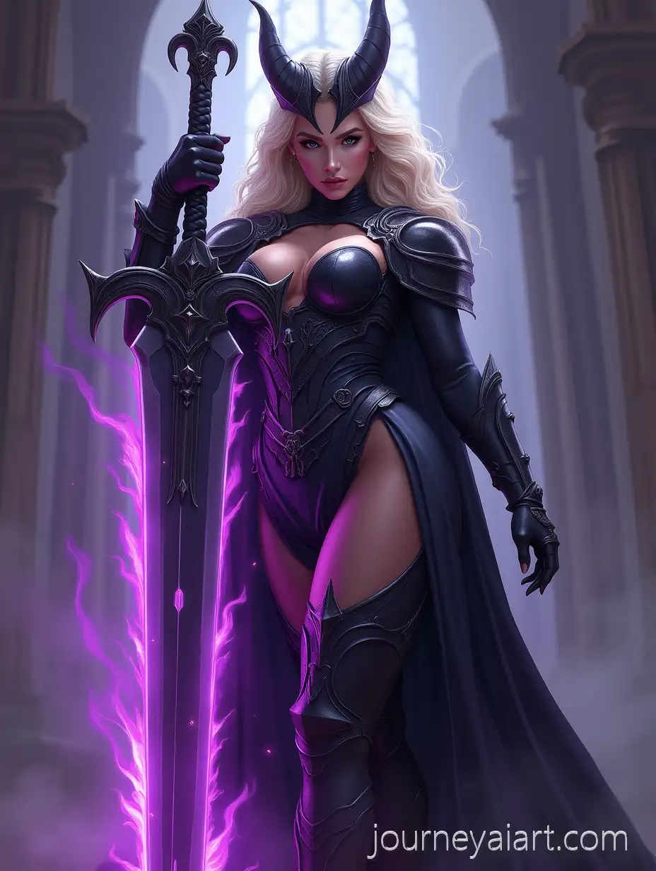 Powerful-Female-Warrior-in-Dark-Demonic-Armor-with-Glowing-Sword-and-Crown