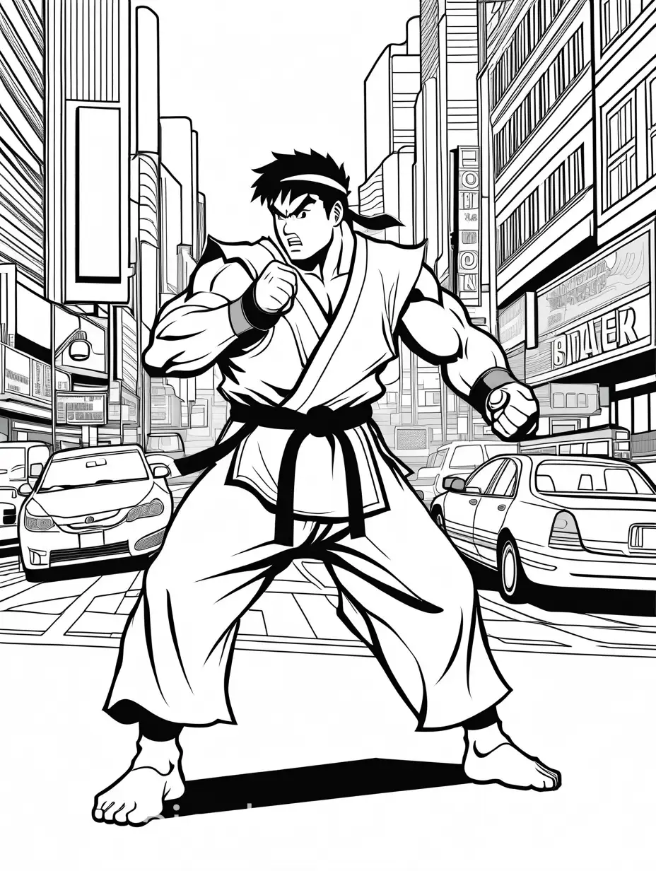 Ryu-Shouts-Hadouken-in-Traffic-Action-Coloring-Page