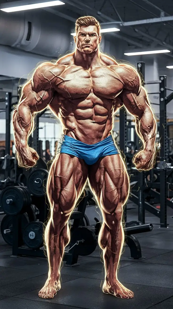 Supercharged brawn. Herculean powers. Golden electric glow. Musclegod bodybuilder. Photorealistic.