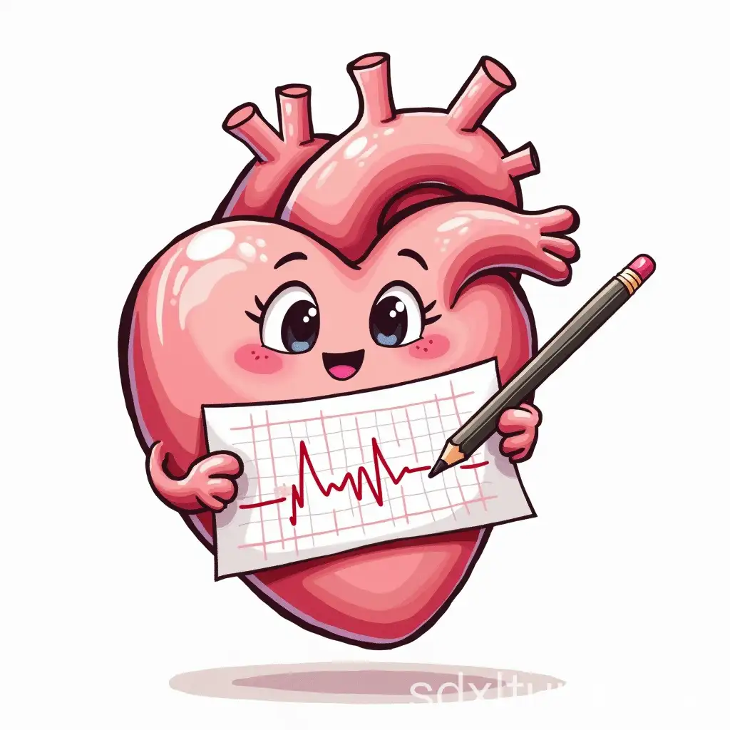 Cheerful-Heart-Character-with-Electrocardiogram-and-Humorous-Pencil