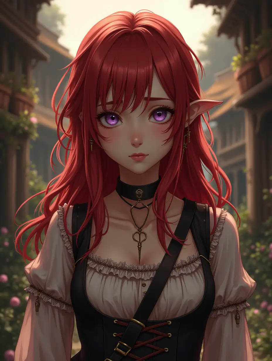 teenage girl, fantasy world, from waist up, cute, red hair, long hair, messy hair, exhausted looking, purple eyes, alchemist, pupils have stair shape, hair ends with subtle silver streaks running through the red, exhausted face, tired, sleepy..teary, dirty, sweat, inside a small village, dawn, flat chest, intricate alchemist clothing... black red white, frills, satchel