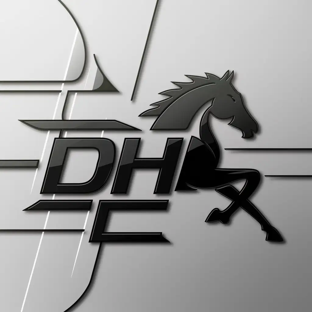 a logo design,with the text "DH", main symbol:a black horse,complex,clear background