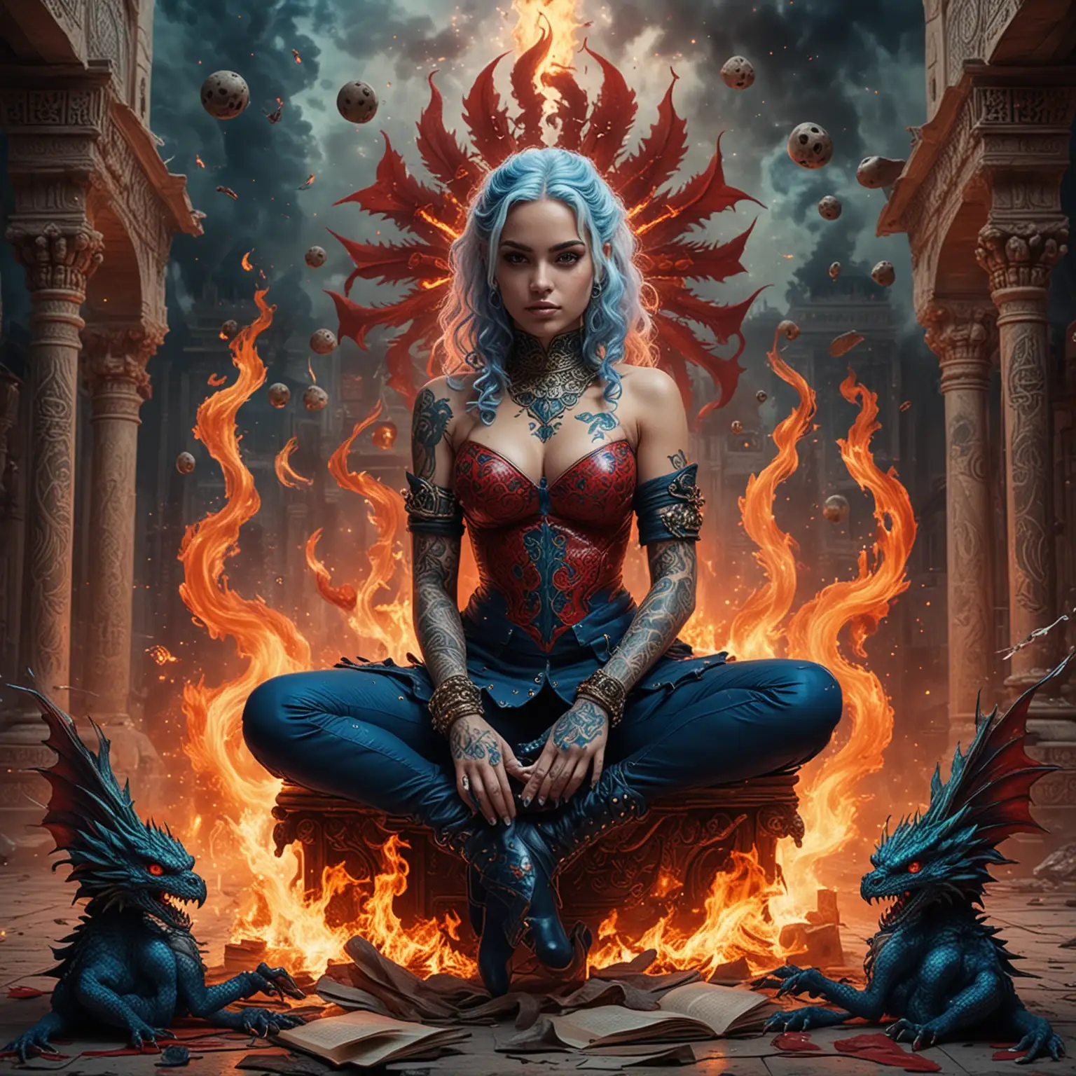 Beautiful Adolescent Goddesses in Fiery Command Against a Dark Palace