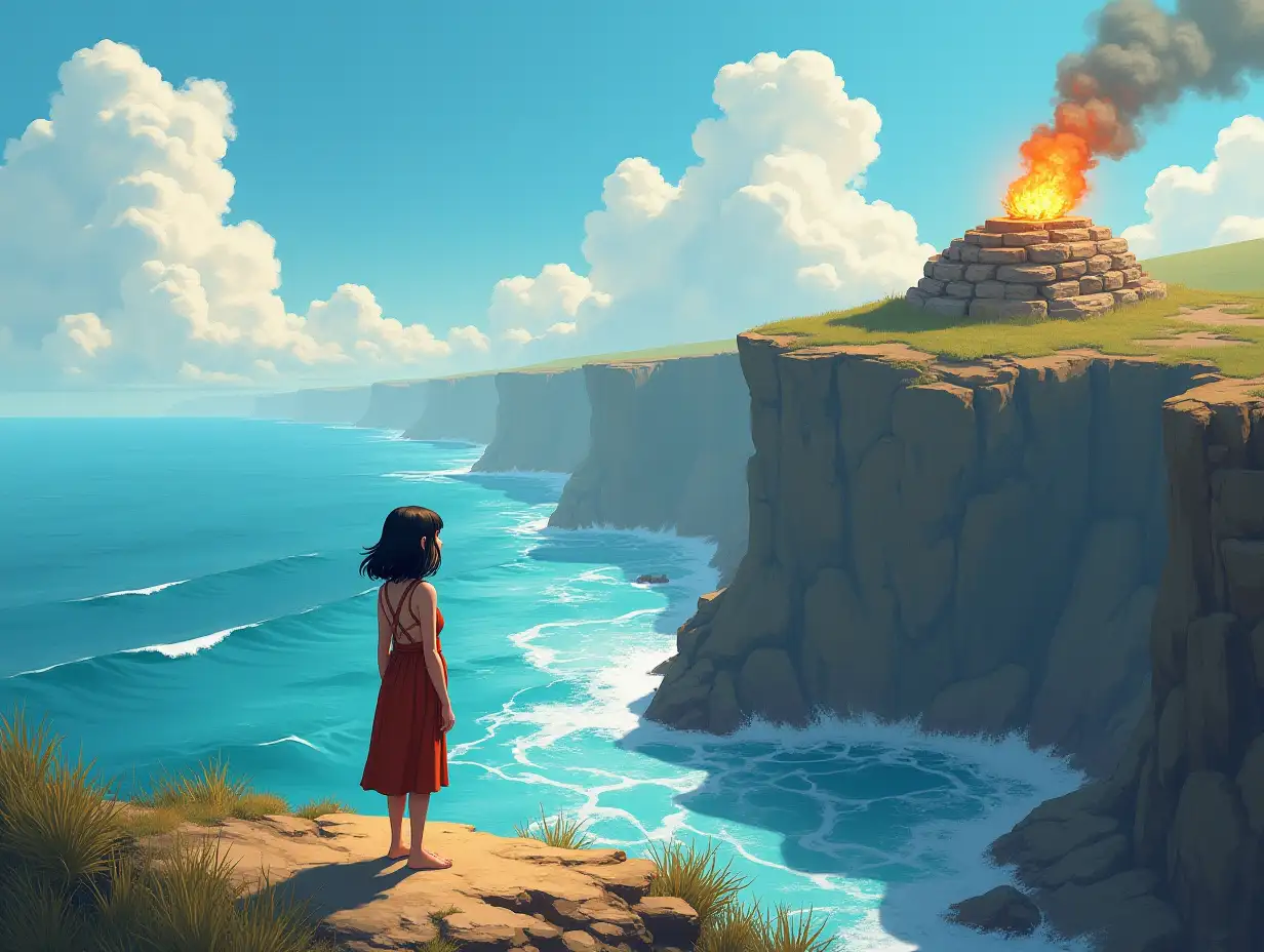 In the ancient roman world, on a sunny day a girl with shoulder-length black hair wearing a knee-length tunic stands on a cliff looking out at the ocean, near her on the edge of the cliff a fire on top of a circular rock mound is visible