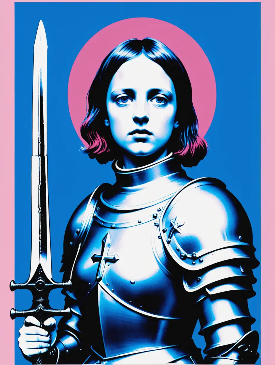 Deep Risograph of Joan of Arc in Blue White Pink Dark Red and Black