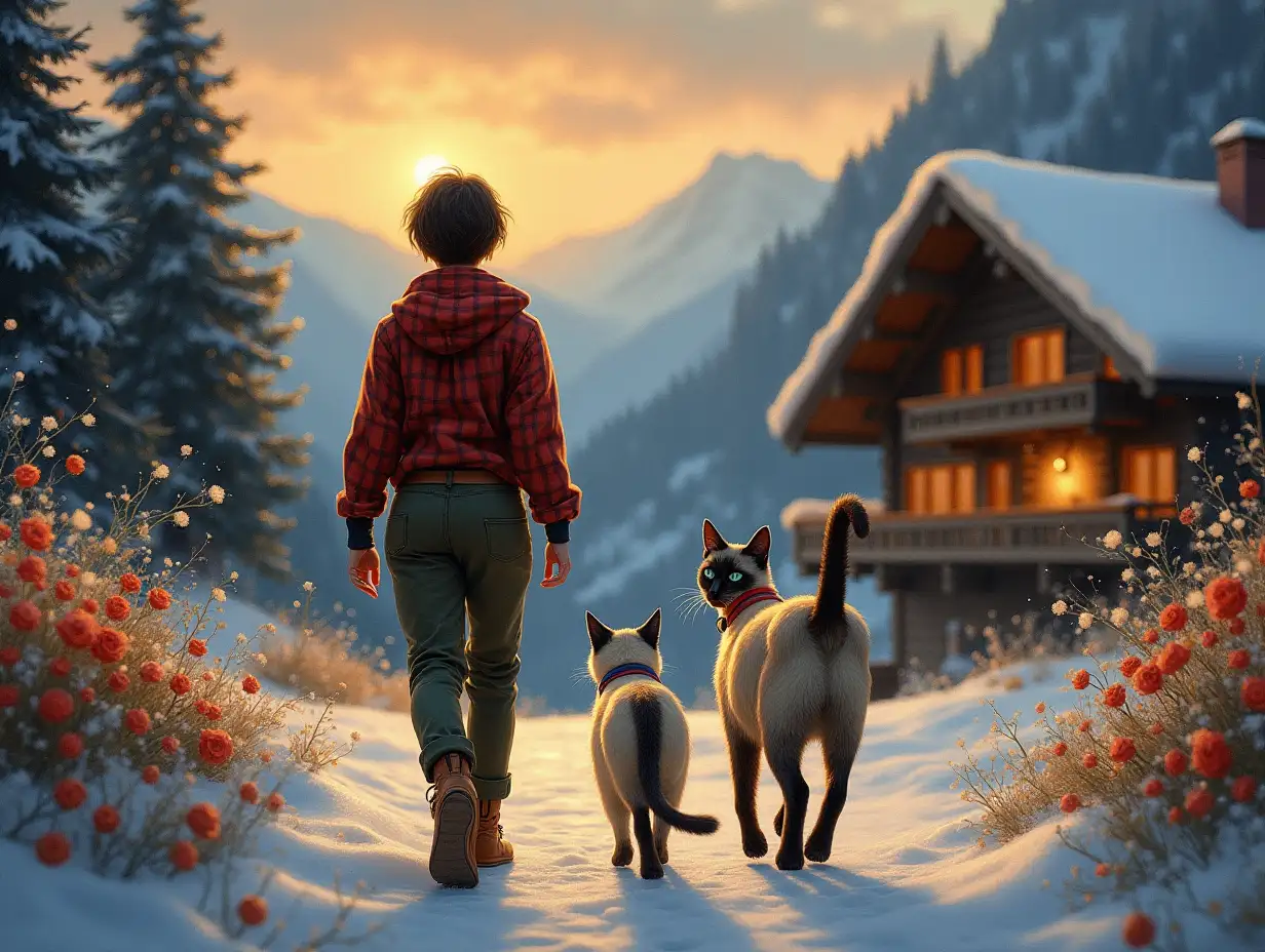 a cinematic action Fantasy, an oil painting, fine detail,  an of an Female Tonkanise/siamese  medium size cat, with Blue eyes, Red collar with a small bell, Dark tips, blue short fur, walking to the chalet,  and an Male Tonkanise/siamese medium size cat, with Green eyes, Blue collar with a small bell, dark tips, light platinum short fur, four legs,  gracefully walking to the chalet, surrounded by flowers, a mature athletic woman with short jet black hair, wearing a long sleeve red chequered shirt, leather belt, olive green long trousers, leather alpine hiking boots, is walking with the cats looking to the chalet, surrounded by shimmering lights. the sun is setting creating a magical and dreamlike atmosphere. ultra realistic,