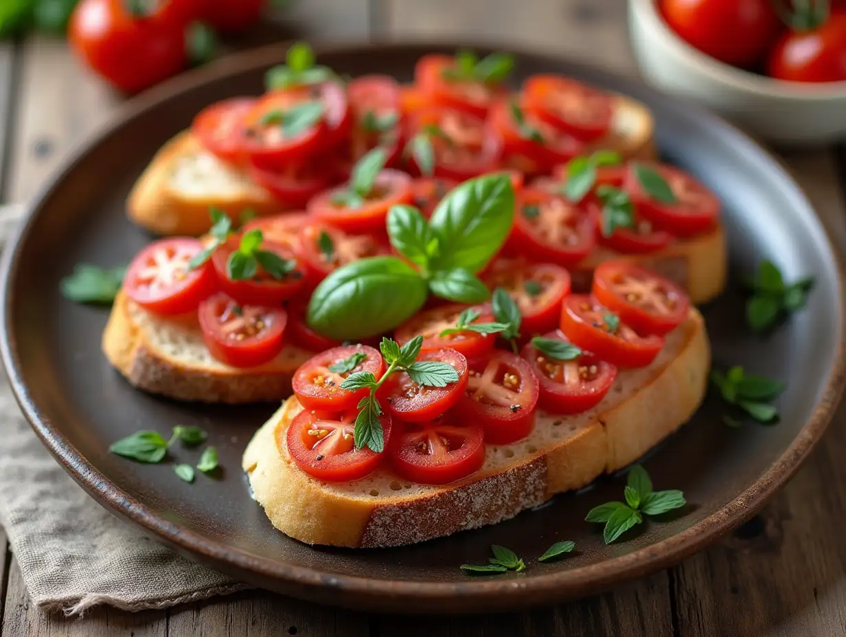 Italian-Bruschetta-al-Pomodoro-on-Rustic-Wooden-Table