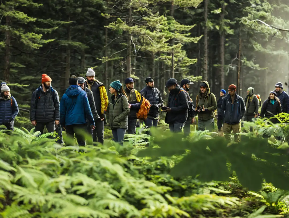 Group of People Gathering in Forest Clearing