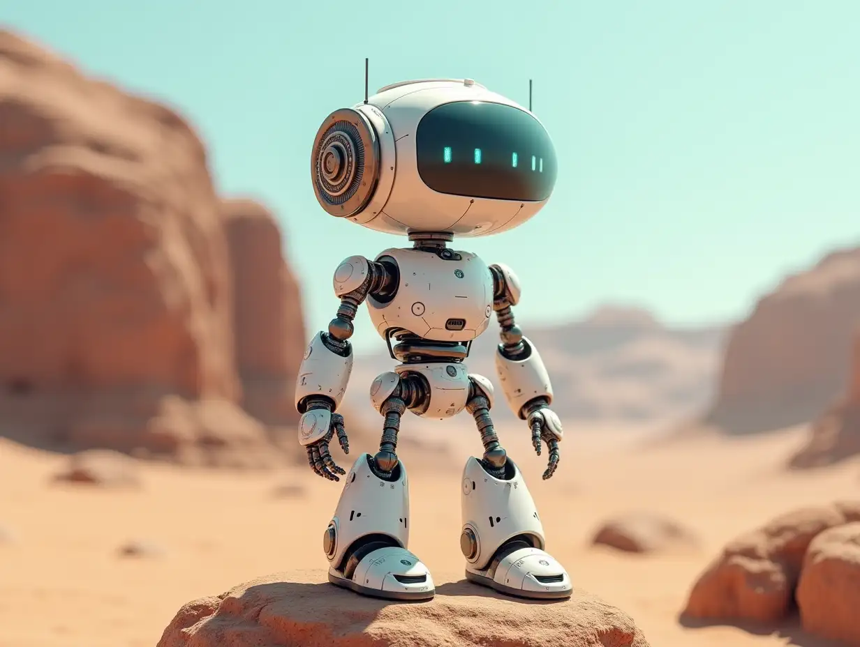 Create a high-resolution, realistic image of artificial intelligence Robert with robot legs and feet made of metal and glass head with gears, light waveguides, LED in a desert on a rock at 4k resolution