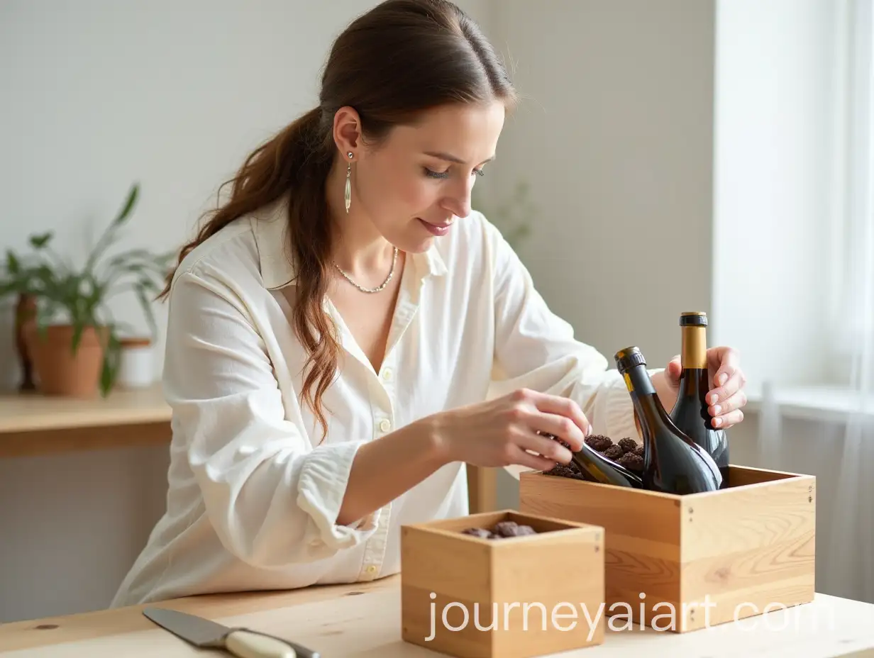 Caucasian-Woman-Assembling-Gift-Baskets-in-Minimalist-Workshop