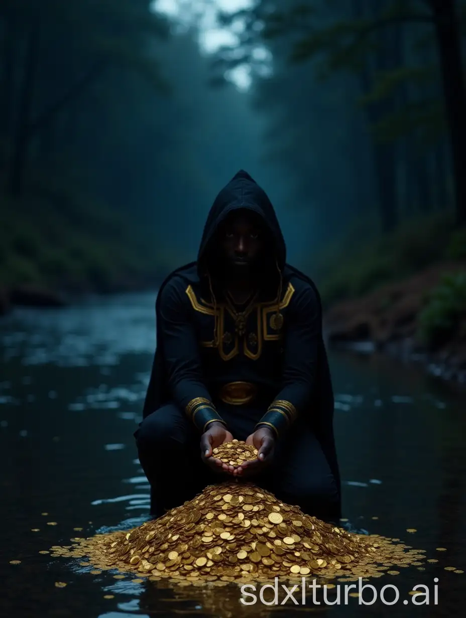 Black-Man-in-Cloak-Holding-Gold-Coins-by-Serene-Stream-in-Dim-Forest