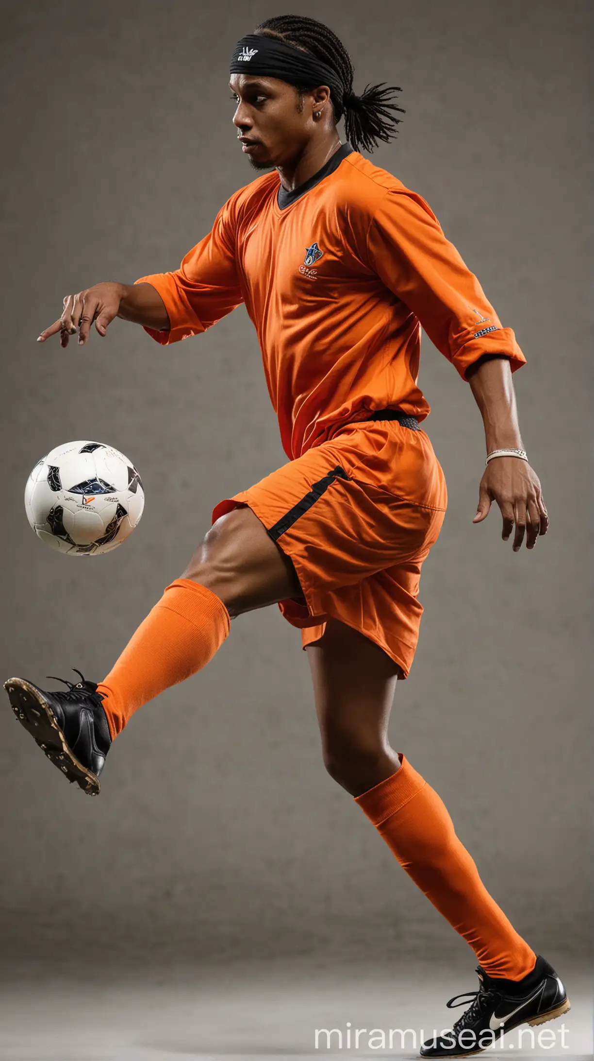 Ronaldinho Gaucho Kicking Ball in Vibrant Deep Orange Shirt