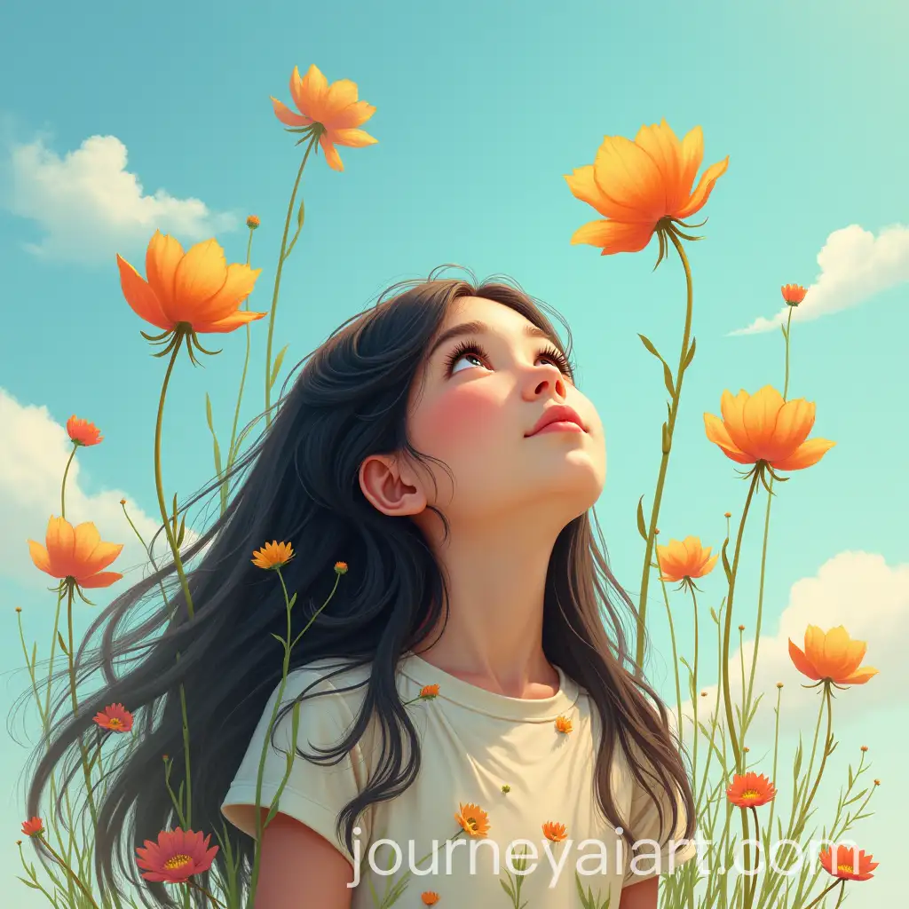 Girl-with-Long-Dark-Hair-Gazing-at-the-Sky-with-Flowers-Emerging-from-Her