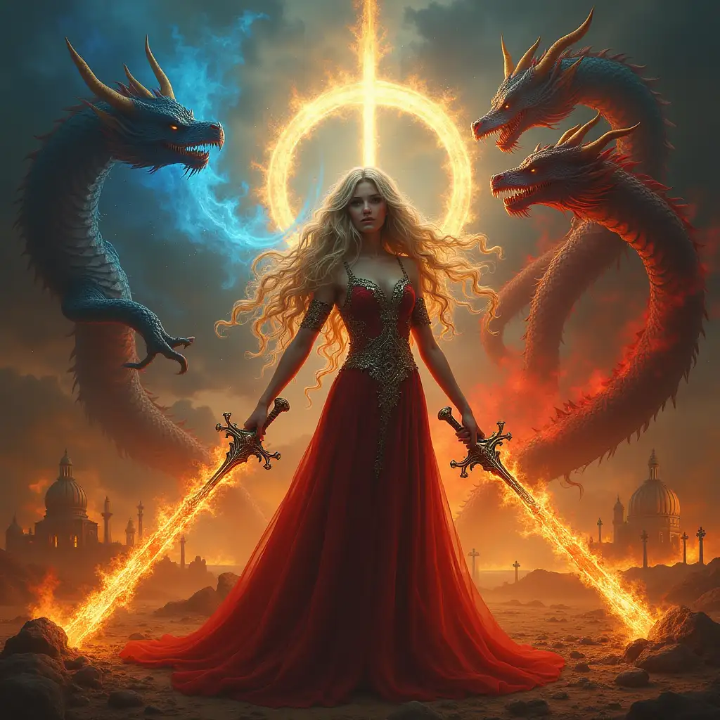 Goddess empresses beautiful adolescent goddess sorceresses magi alien vampires with long curly hair honey colored blue blonde white and red surrounded by circles of fire and fire, with two large giant swords made of fire devilish and mysterious smile surrounded by giant fiery dragons, and in the background a huge battle and a dark Arabic Hindu palace large crosses and the ruins of the Vatican