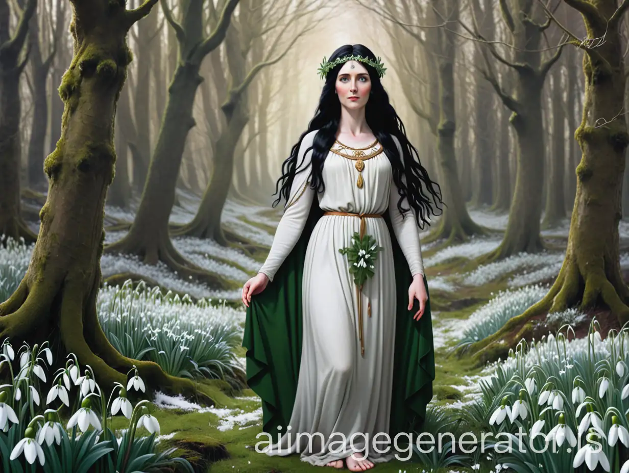 Ancient-Irish-Goddess-Bridget-in-a-Forest-with-Snowdrops-in-Early-Spring